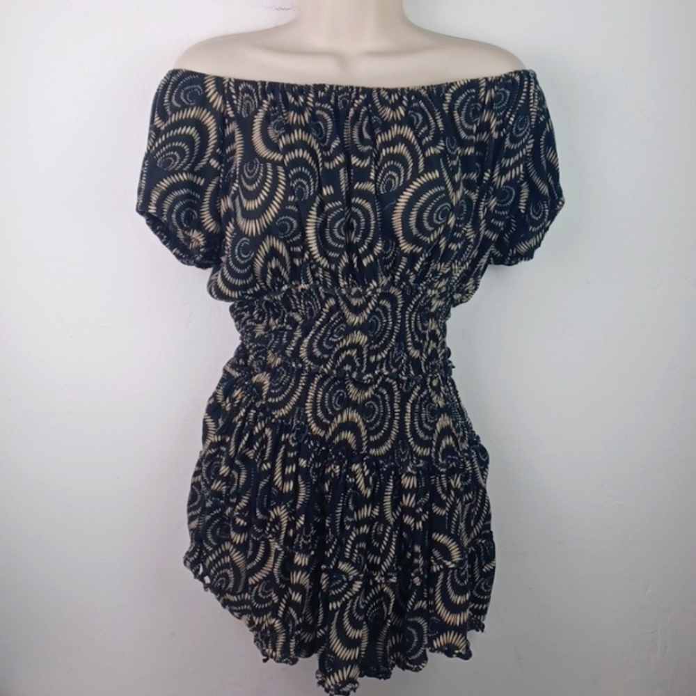 DUNIA MODERN ART GRAPHIC Tattered-Hem Figure-Forming Off Shoulder Mini Dress Top - Picture 11 of 12